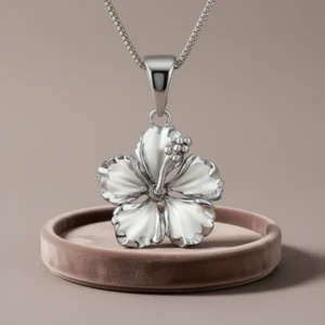 Hawaiian Jewelry 17mm Sterling Silver Hibiscus Pendant Necklace
