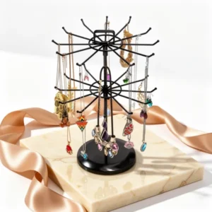 MyGift Black Metal Rotating Necklace Stand with Handle Card Holder