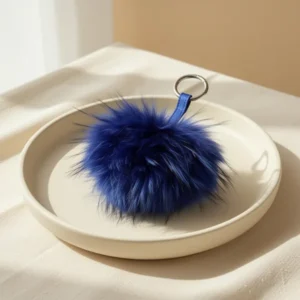 6 Large Fluffy Genuine Fur Pom Handmade Puffy Keychain, Blue