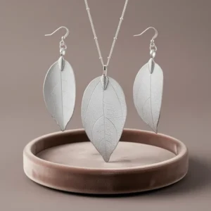 Filigree Long Leaf Pendant Dangle Necklace and Earring Jewelry Set