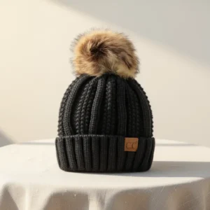 C.C Thick Cable Knit Faux Fuzzy Fur Pom Fleece Lined Skull Cap
