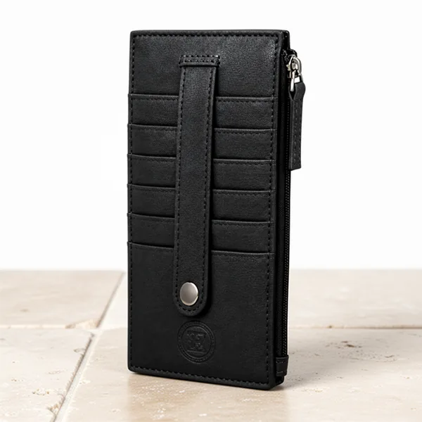 Leatherboss in One Credit Business Card Case Holder Slim Zipper Wallet, Black