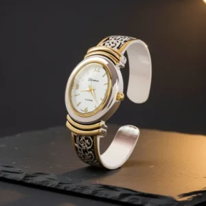 2Tone Western Style Decorated Oval Face Women's Bangle Cuff Watch