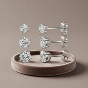 18K White Gold Plated Round Cubic Zirconia Stud Earrings, 6 Pairs