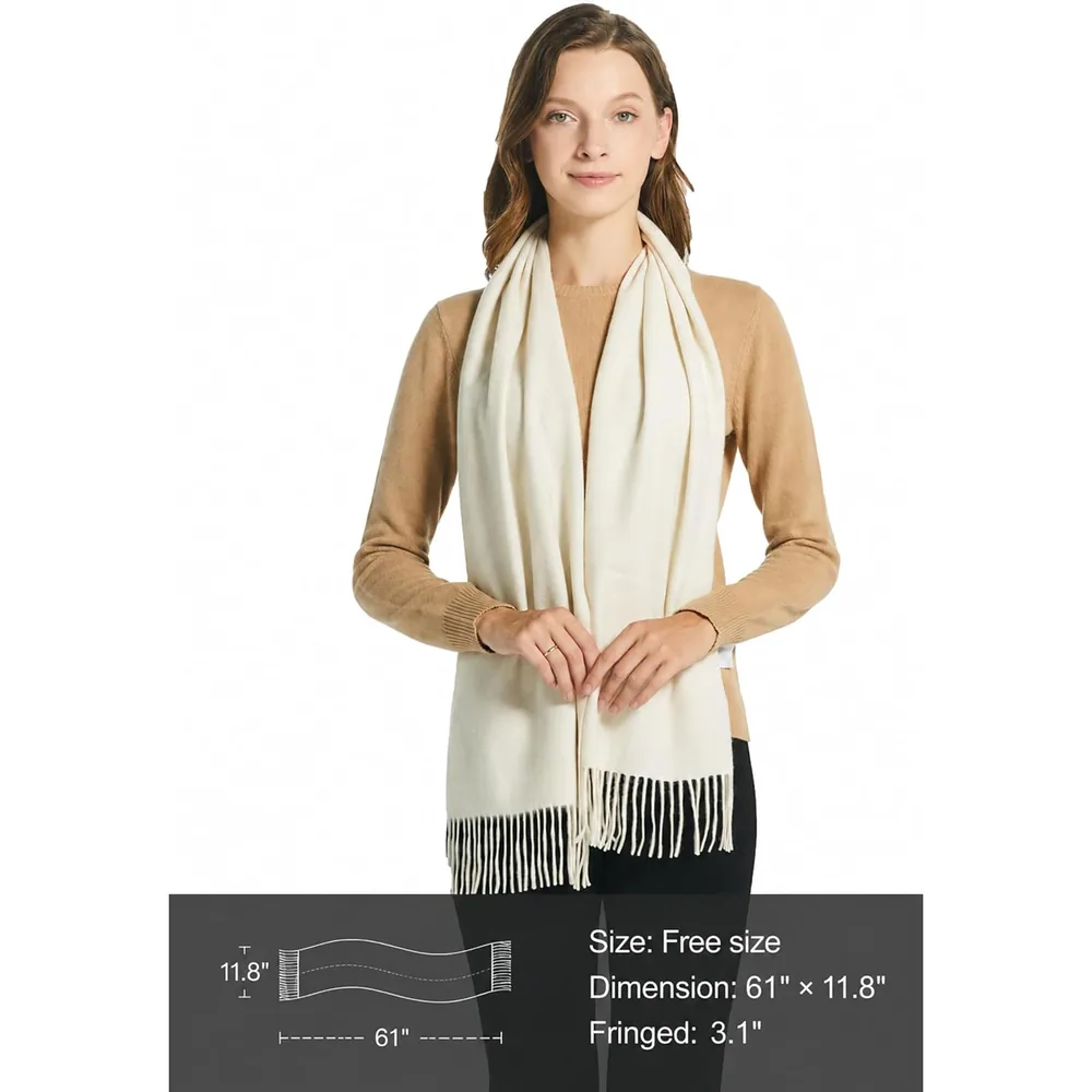 Scarf size: 61 x 11.8 in with a 3.1 in fringe