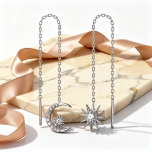 Crystal Crescent Moon Star Tassel Threader Chain Earrings