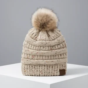 C.C Comfortable Soft Stretch Cable Knit Ribbed Faux Fur Pom Beanie