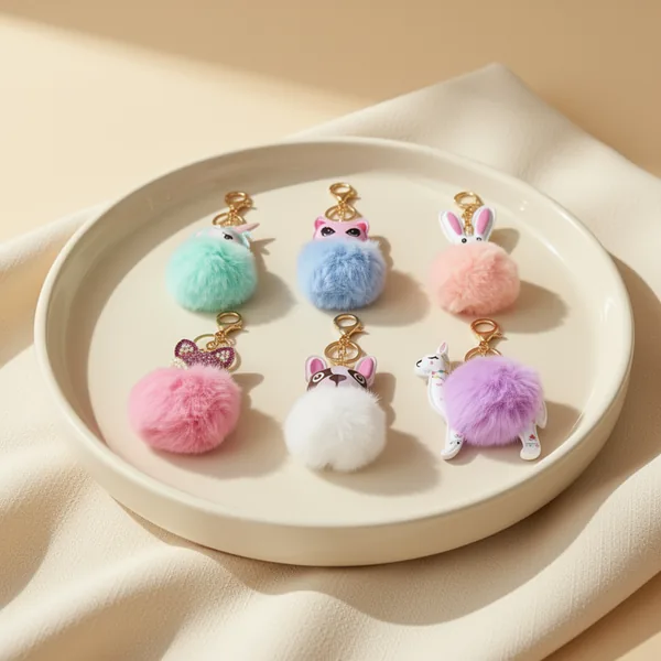 Azure Zone Cute Animal Pom Keychain, 6-Pack