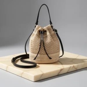 Women Straw Drawstring Bucket Purse