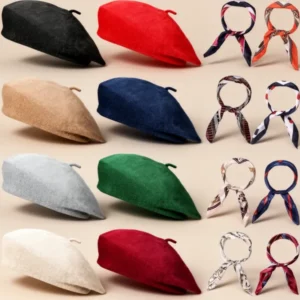 Laumoi Wool Beret Hat with Scarf Set, 16 Pieces