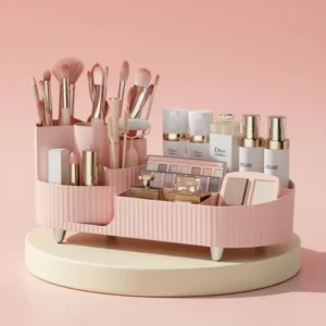 Pink Rotating Vanity Organizer with Brush Holder