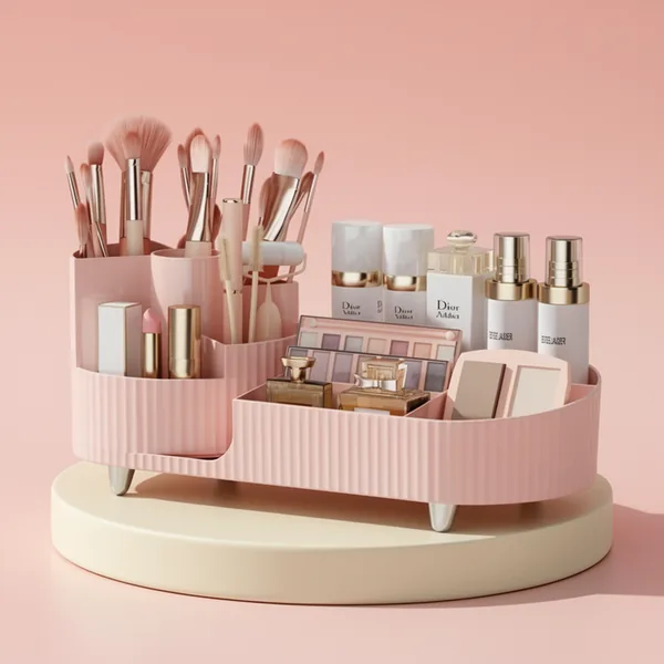 Pink Rotating Vanity Organizer with Brush Holder