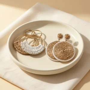 Handmade Raffia Rattan Bohemian Round Drop Dangle Earrings for Women, 4 Pairs