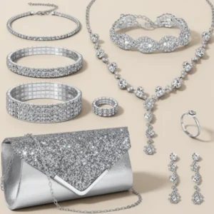 MEDOJO Silvery Rhinestone Jewelry Set for Women, 10 Pieces