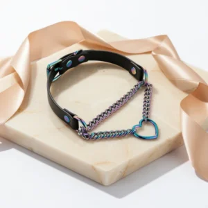 Black/Pink Leather Choker Necklace with Metallic Heart Ring