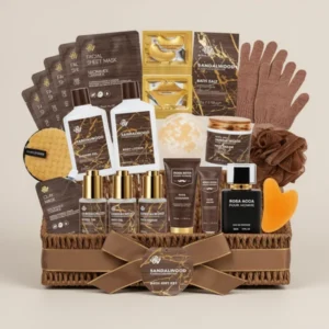 Sandalwood Bath & Body Gifts Basket for Men Beard Grooming Gift Set, 32 Pieces
