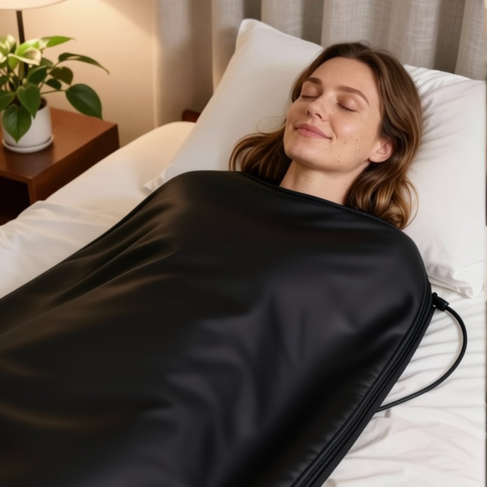 Woman relaxing inside the infrared sauna blanket on her bed