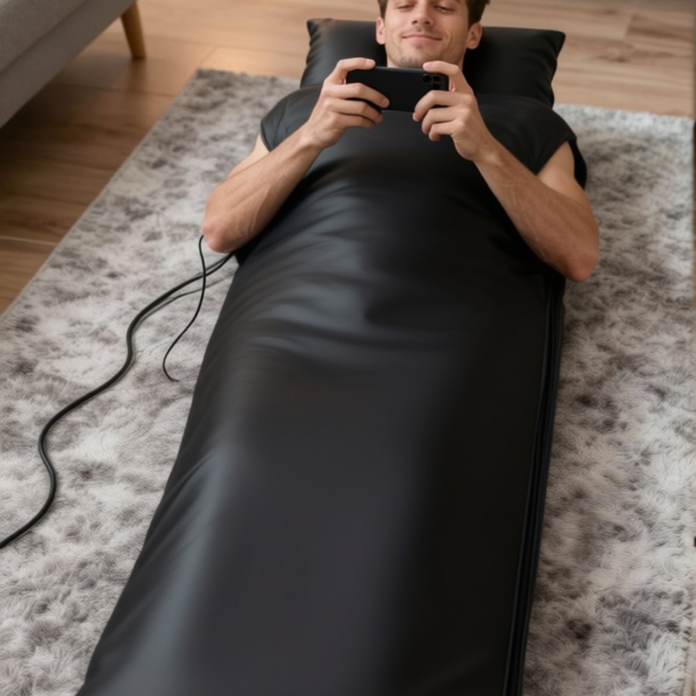 Man using the sauna blanket on a living room rug with his phone