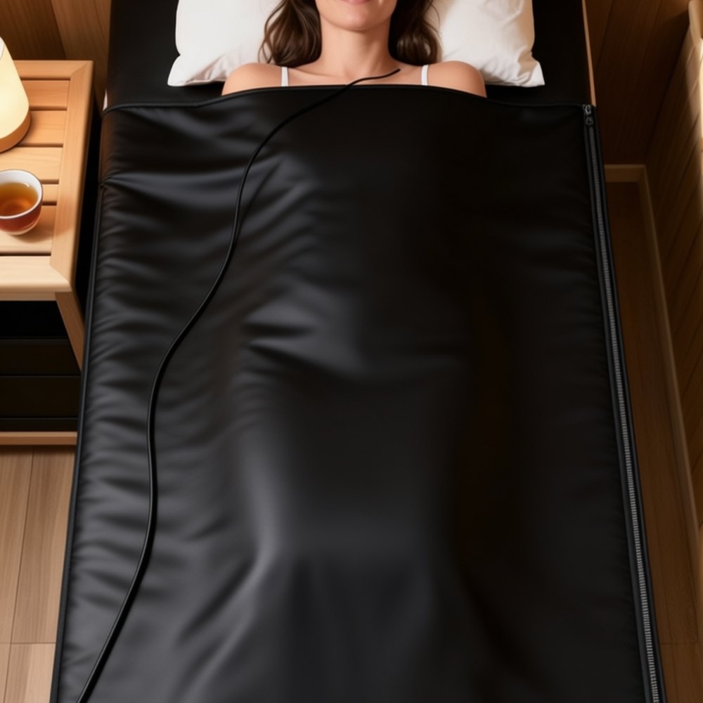 Top view of the sauna blanket zipped closed on a bed